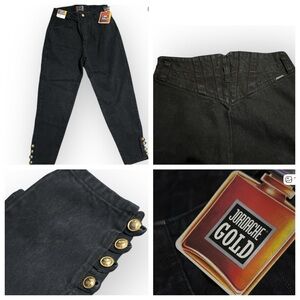 1980’s Jordache Gold Black High Waisted Black Jeans with Gold Buttons, 28” Waist
